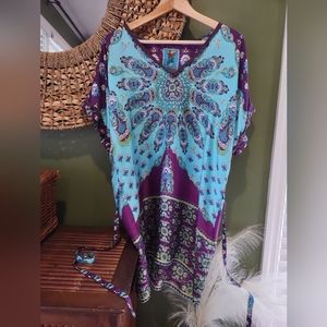 Johnny Was Machine Washable 100% Silk Blue & Purple Tunic Top